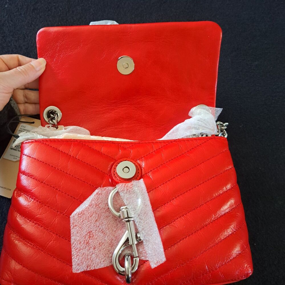 Rebecca Minkoff Crossbody Bag Red Chevron Quilted Leather Silver Chain Hardware - Picture 4 of 14